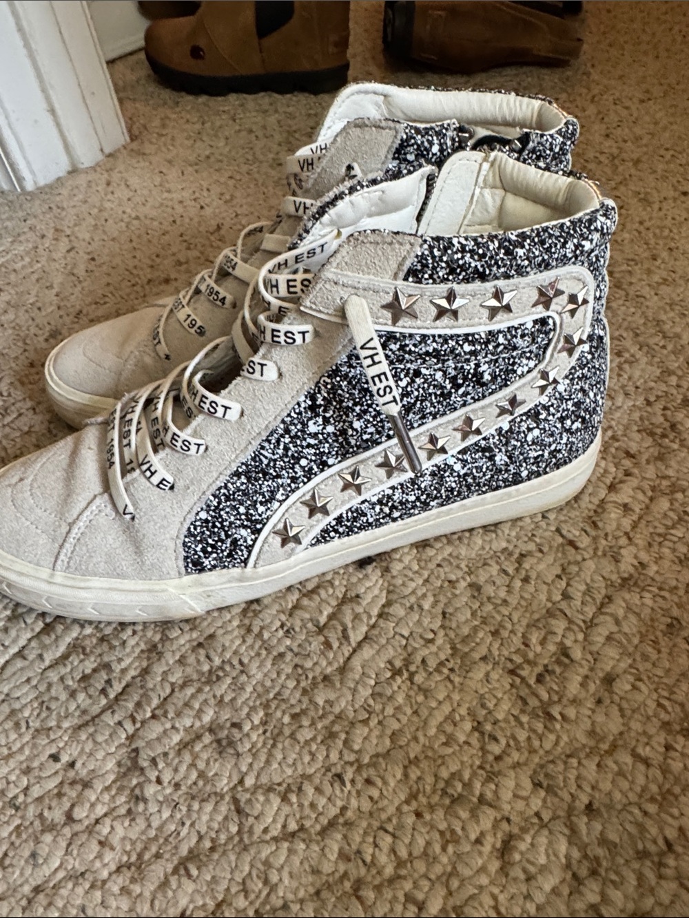Vintage Havana White and Black Glitter High-Top Sneakers with Star Studs